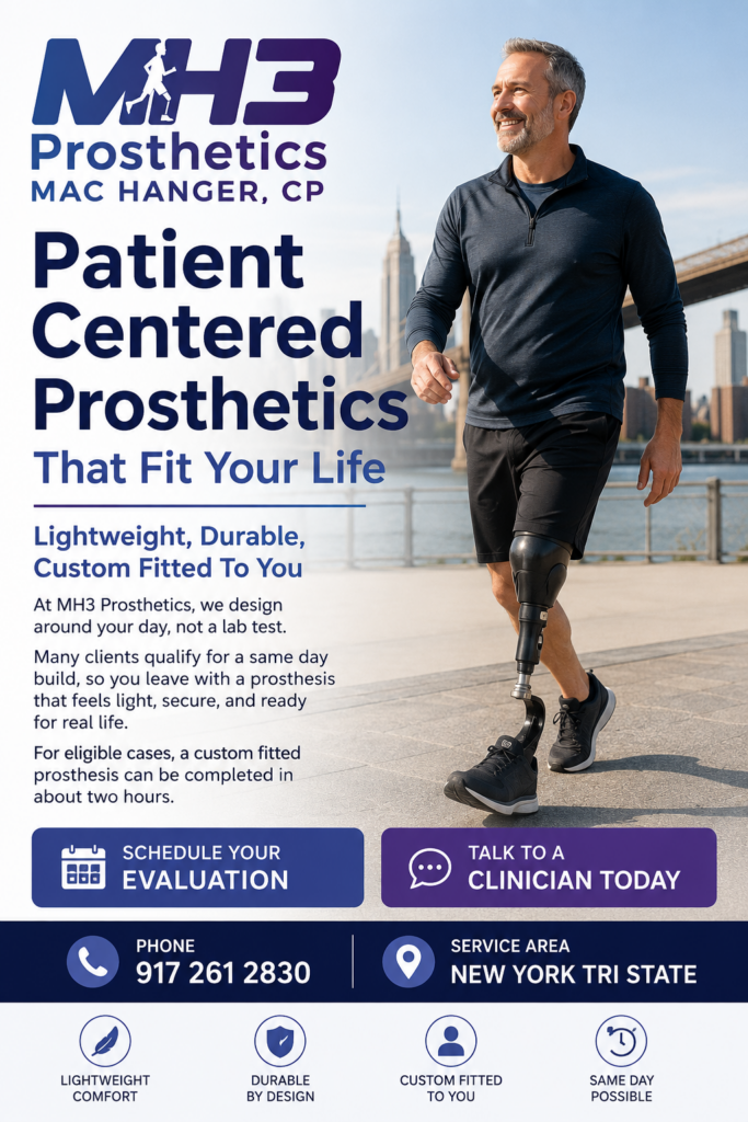 At MH3 Prosthetics, we design around your day, not a lab test. Many clients qualify for a same day build, so you leave with a prosthesis that feels light, secure, and ready for real life. For eligible cases, a custom fitted prosthesis can be completed in about two hours.
